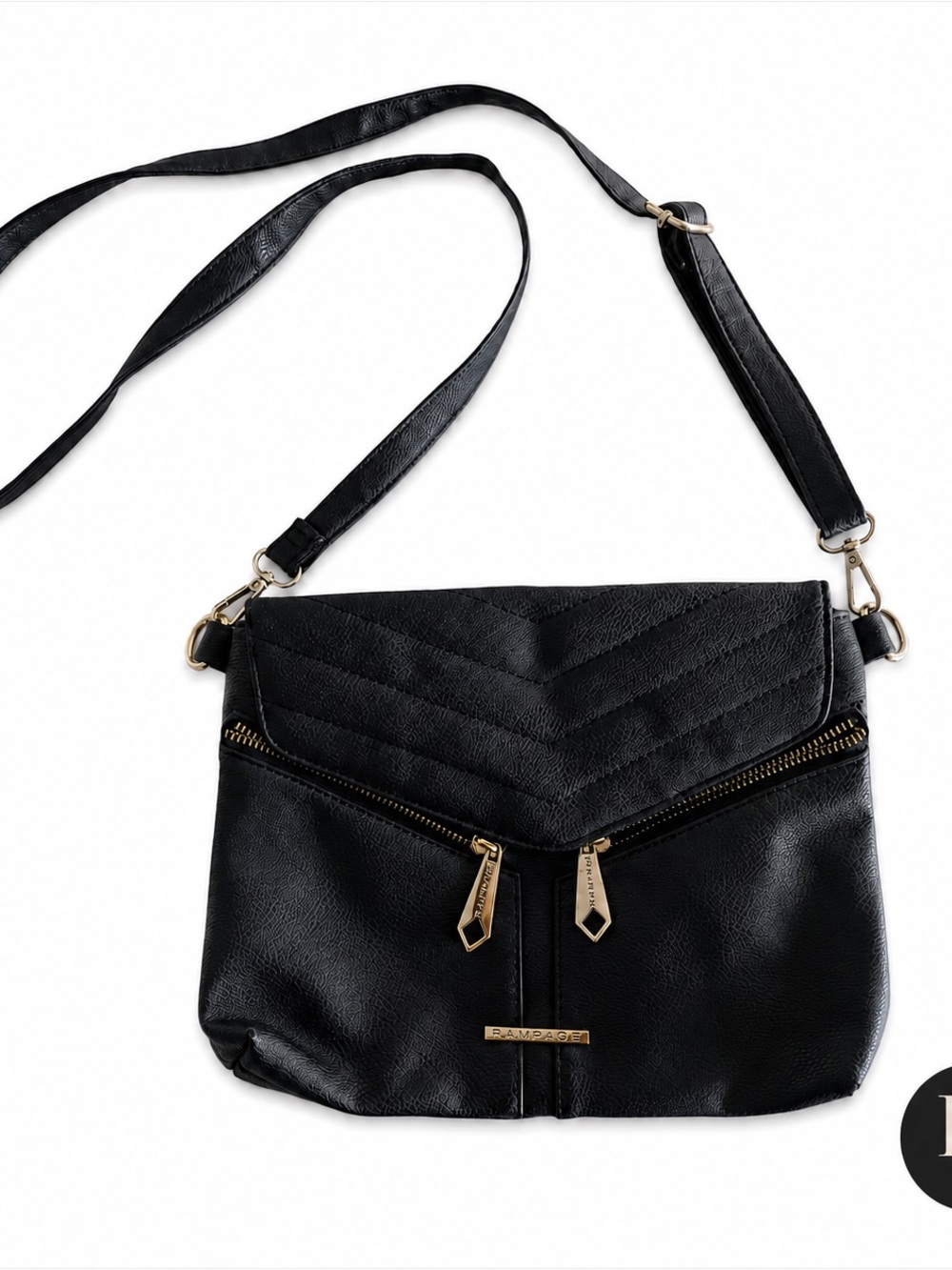 Rampage Black Faux Leather Crossbody Foldover Bag Gold Hardware